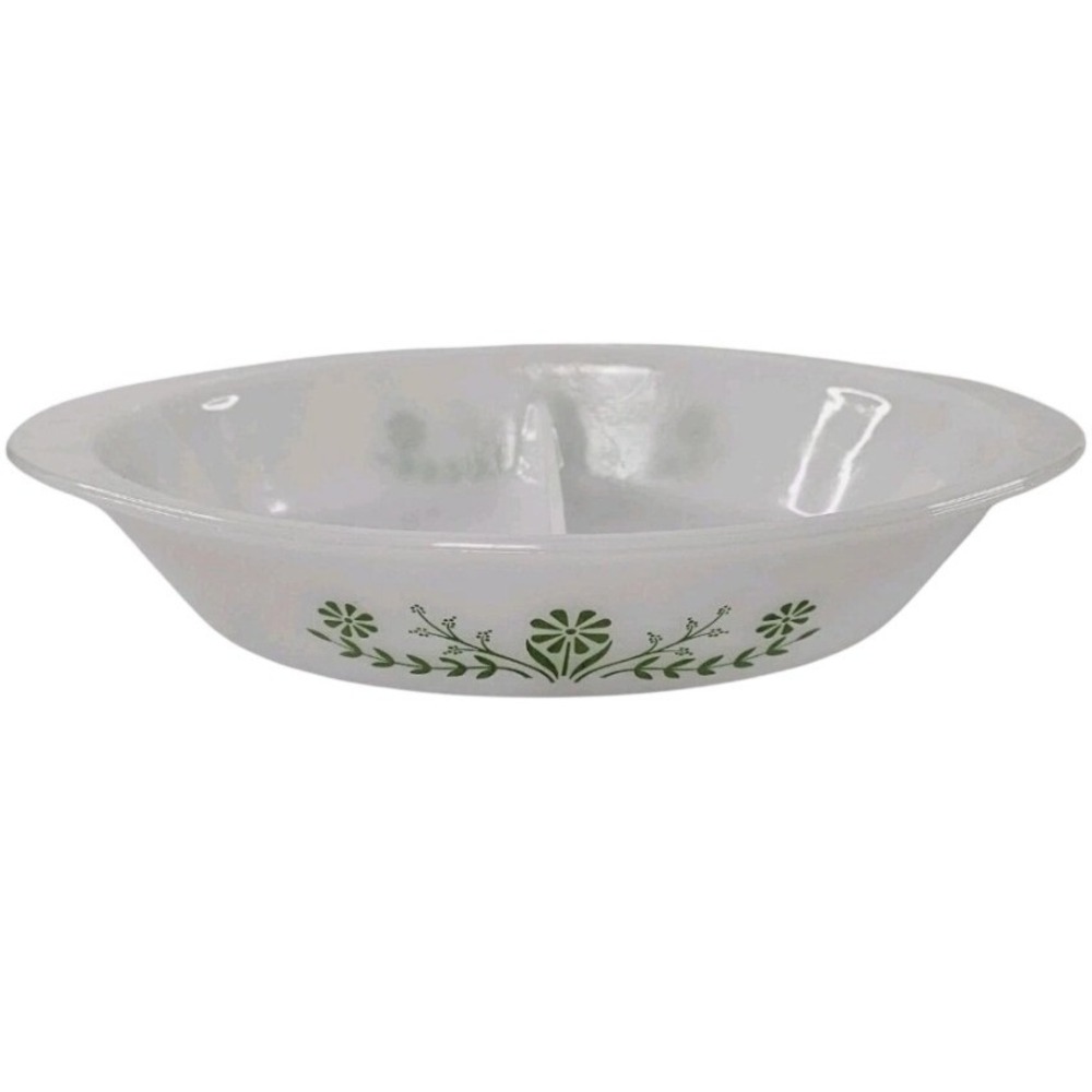 Glasbake Vintage White Milk Glass Divided‎ Serving Dish Green Floral Pattern